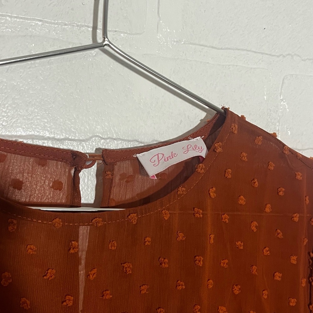Pink Lily Womens Top Burnt Orange Sheer Balloon Sleeve Fall Long Sleeve Small - Picture 4 of 8